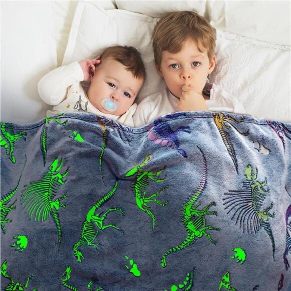 GlowinThe Dark Blanket Dinosaur Blanket for Boys Girls Kids Dino Throw Blankets - Picture 2 of 7